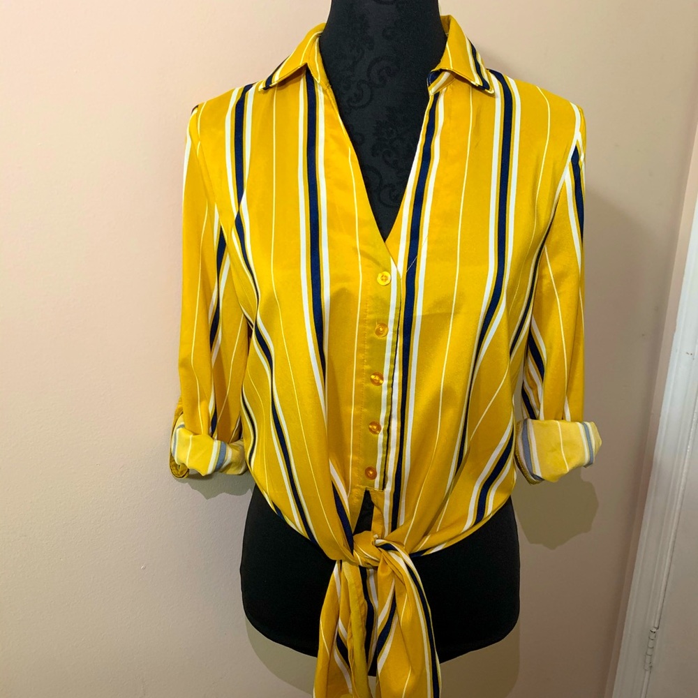 Yellow and navy blue stripe top